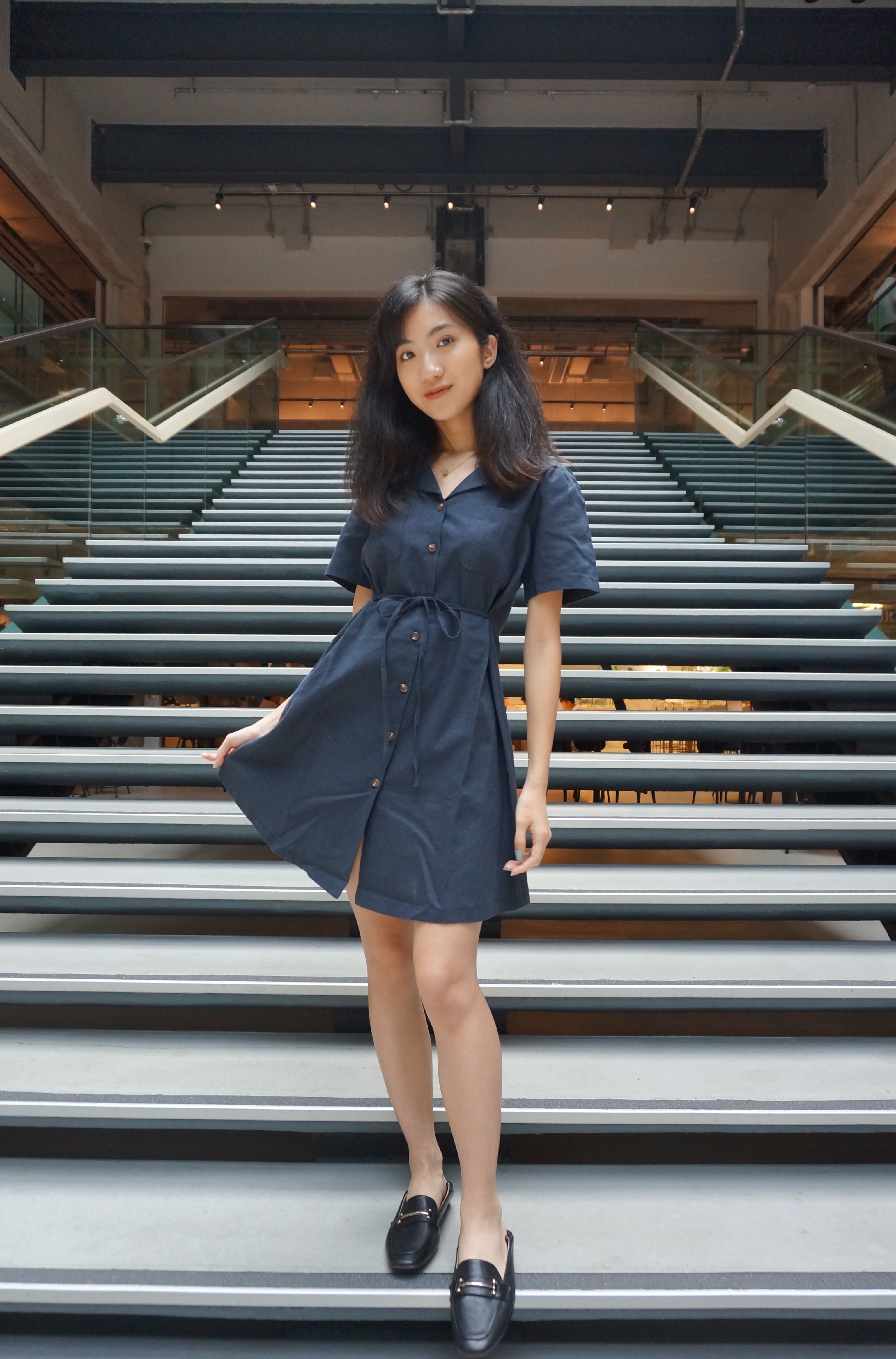 KR高質量雙口袋棉麻連身裙