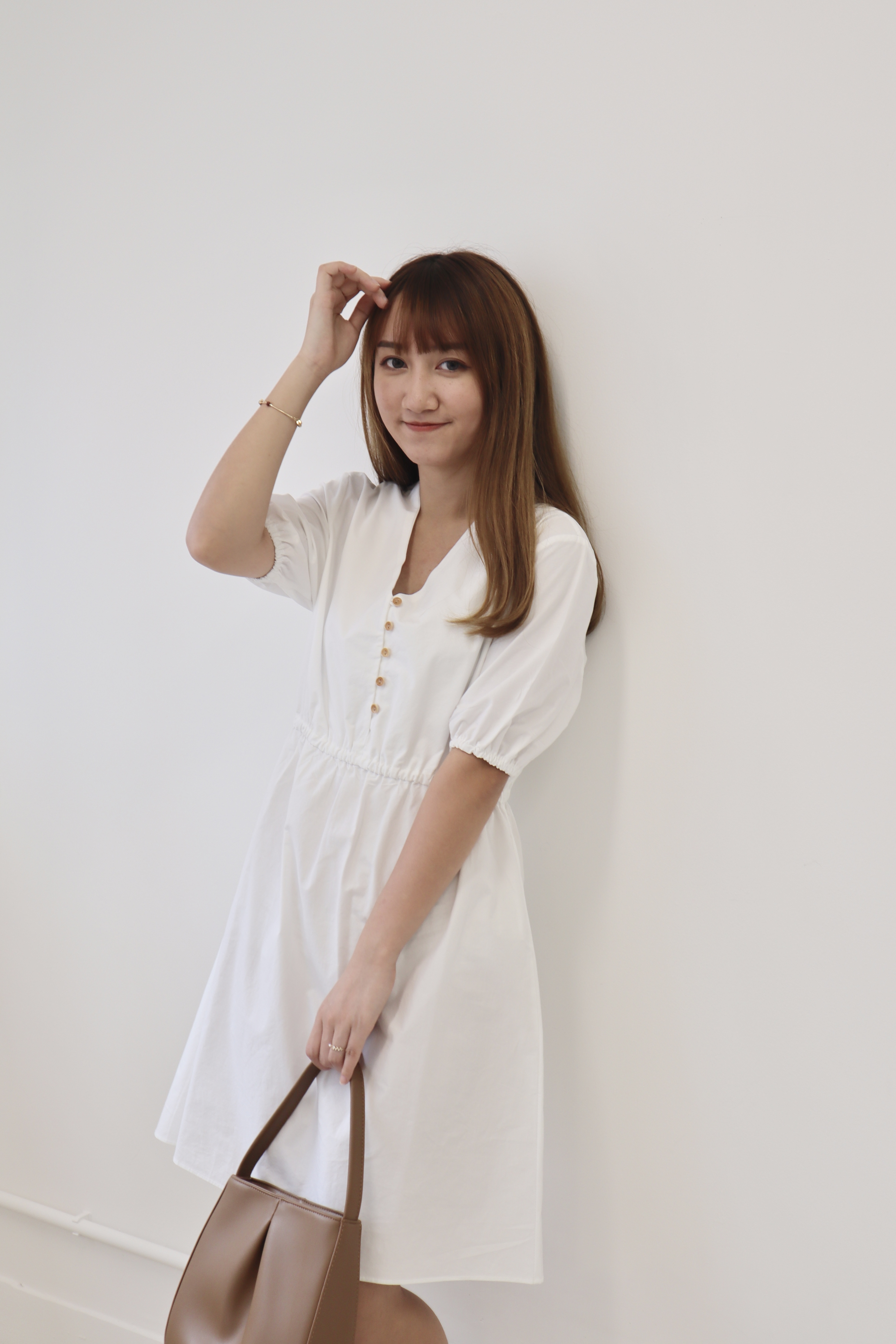 V領木色排扣橡筋腰連身裙 兩色入