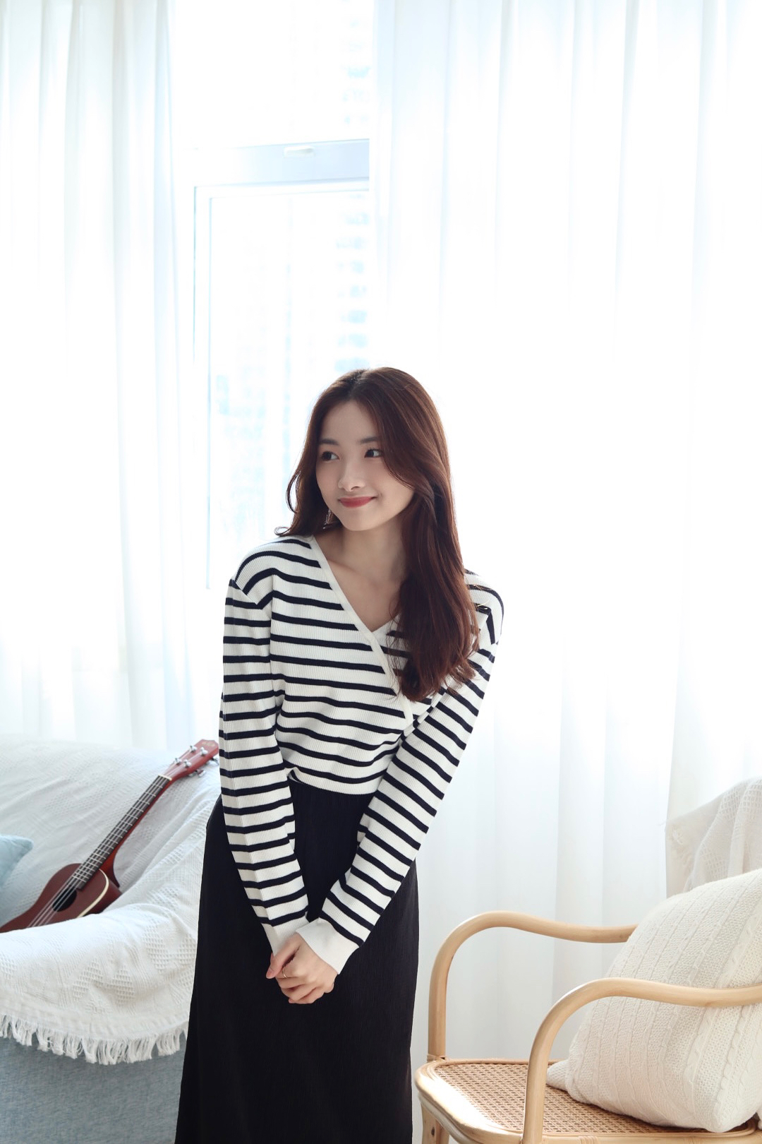 設計感交叉疊布間條上衣 兩色入