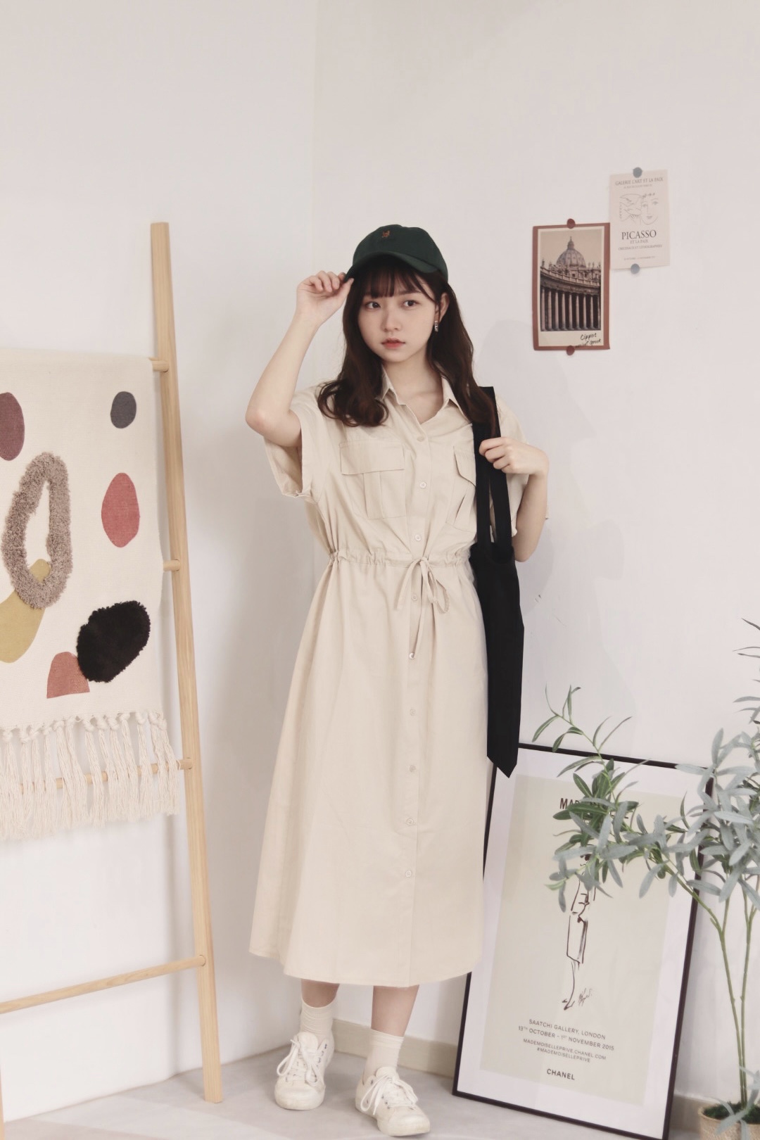 裇衫領工裝feel束腰中長排扣短袖OPS