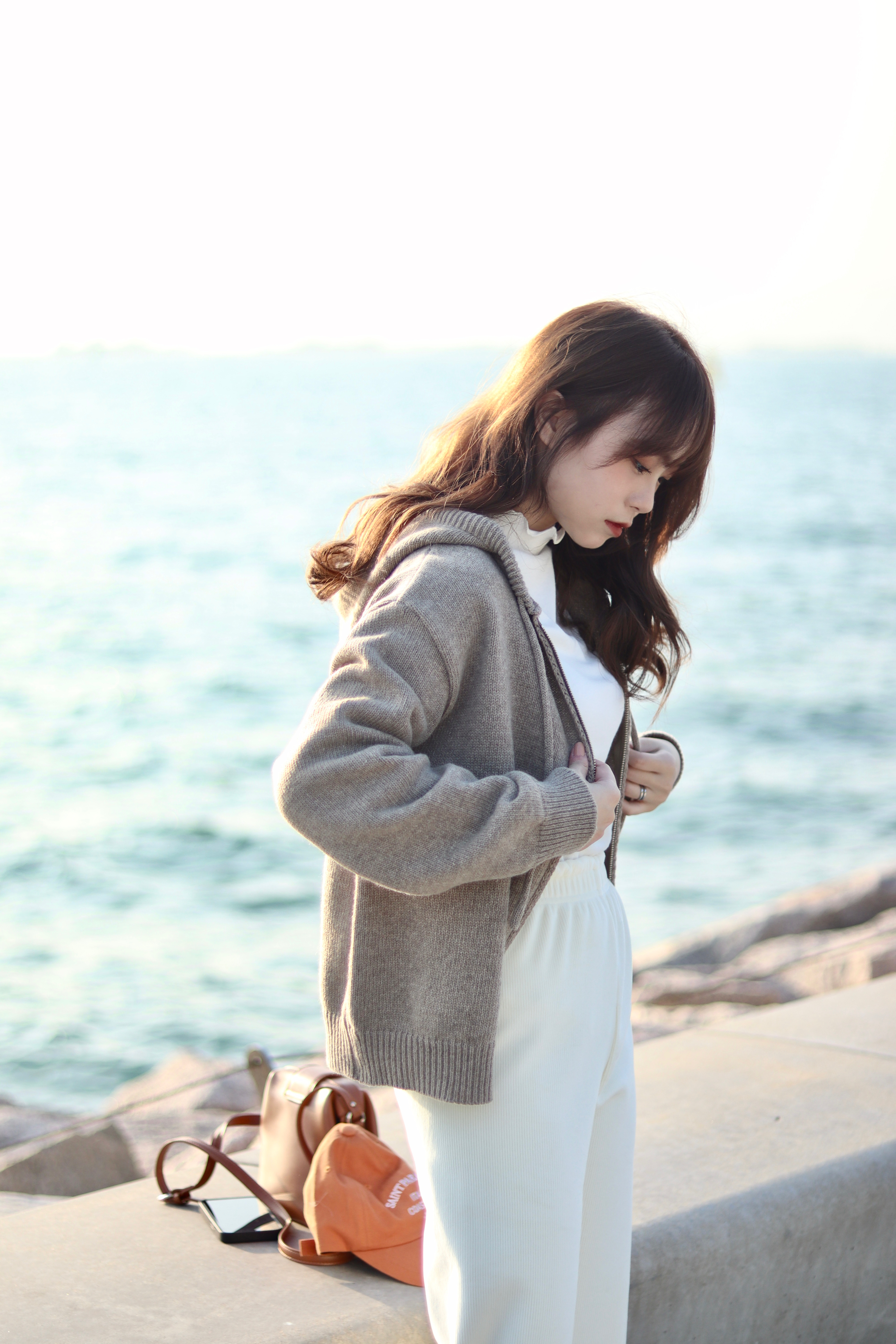 休閑有帽拉鏈針織羊毛50%外套 新增至3色入