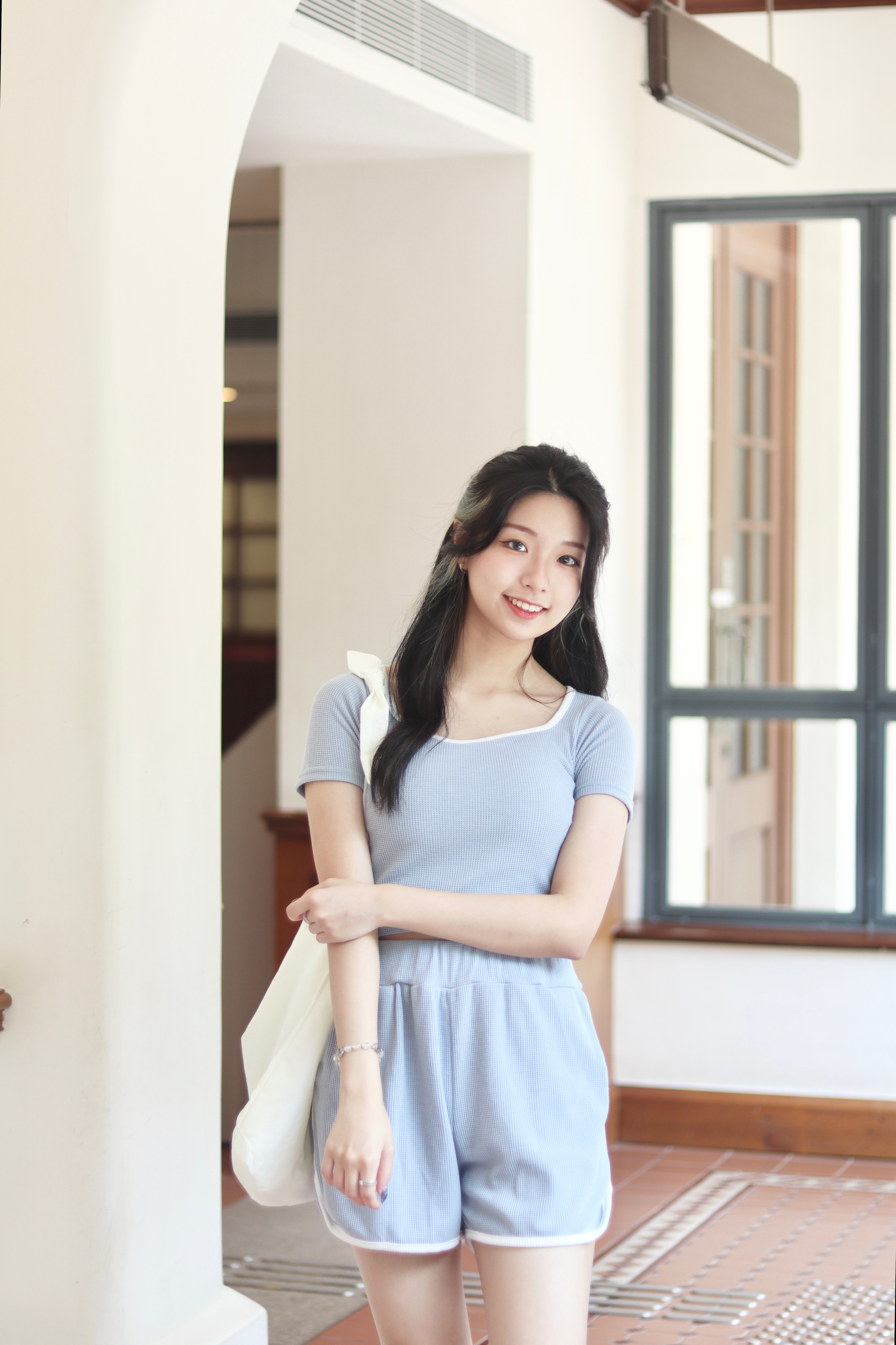 休閒可愛方圓領拼色邊格紋上下身套裝 3色入