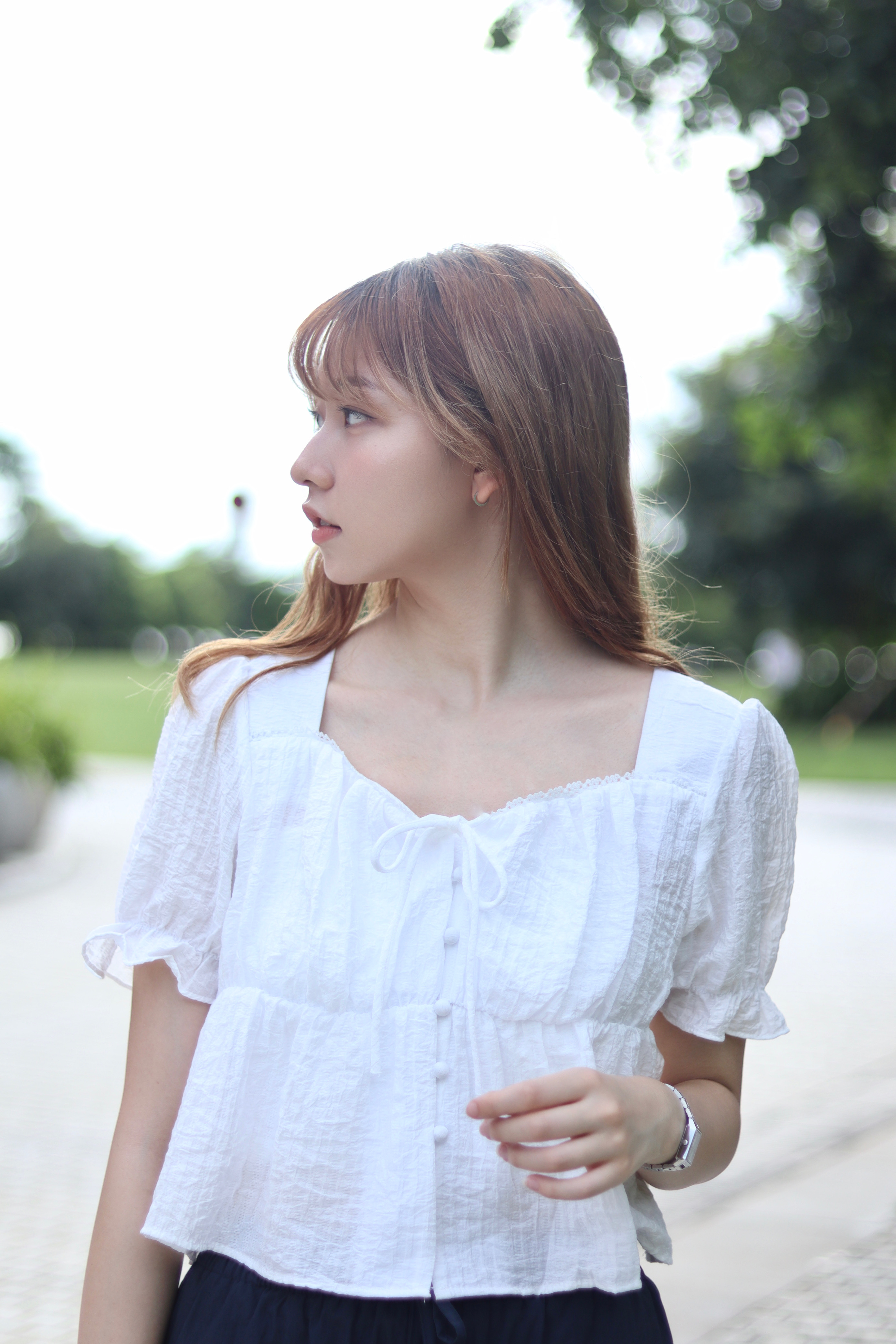 氣質感皺皺方領公主䄂綁結上衣