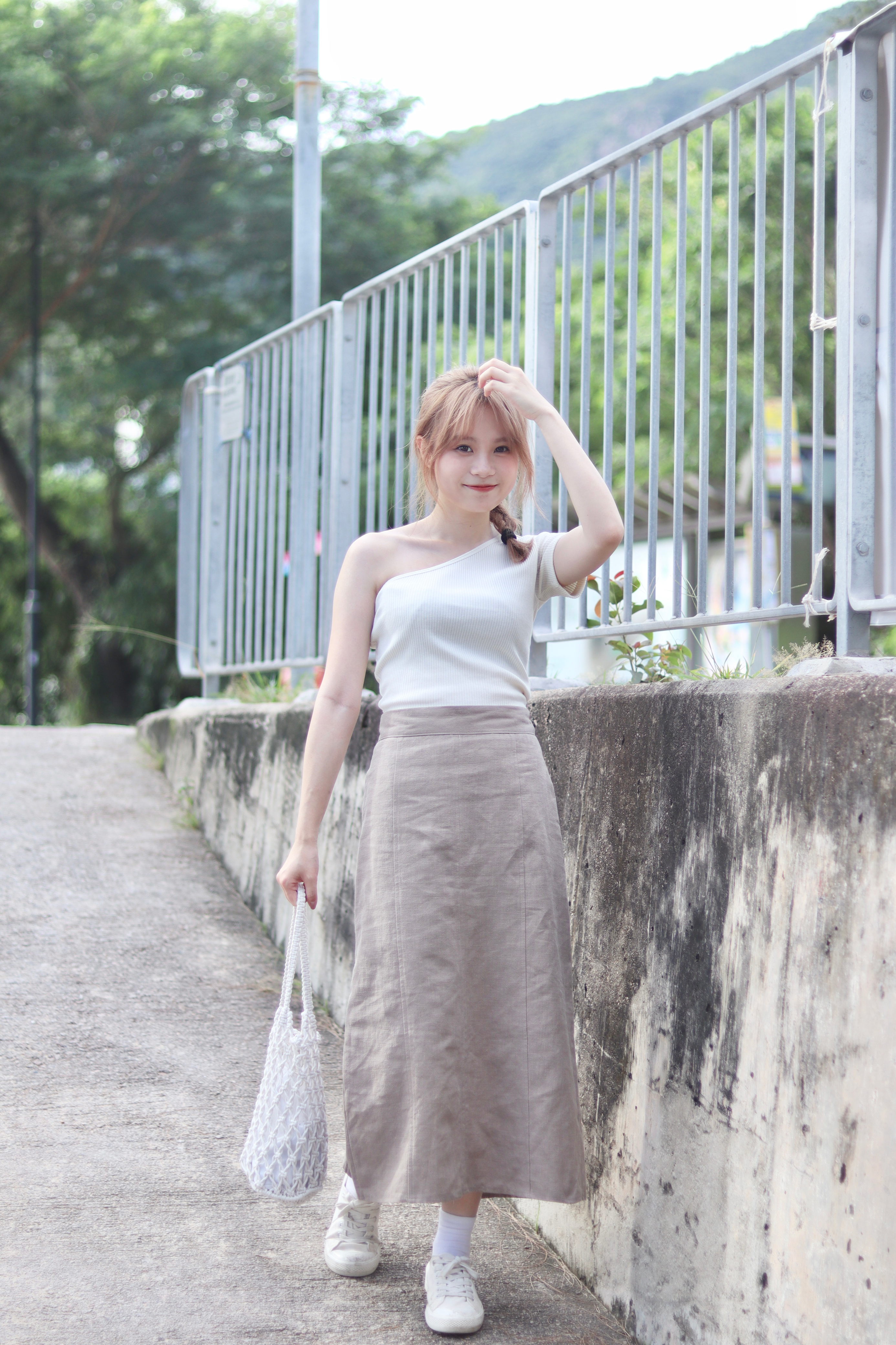 半橡筋腰棉麻後開叉半截長裙 3色入