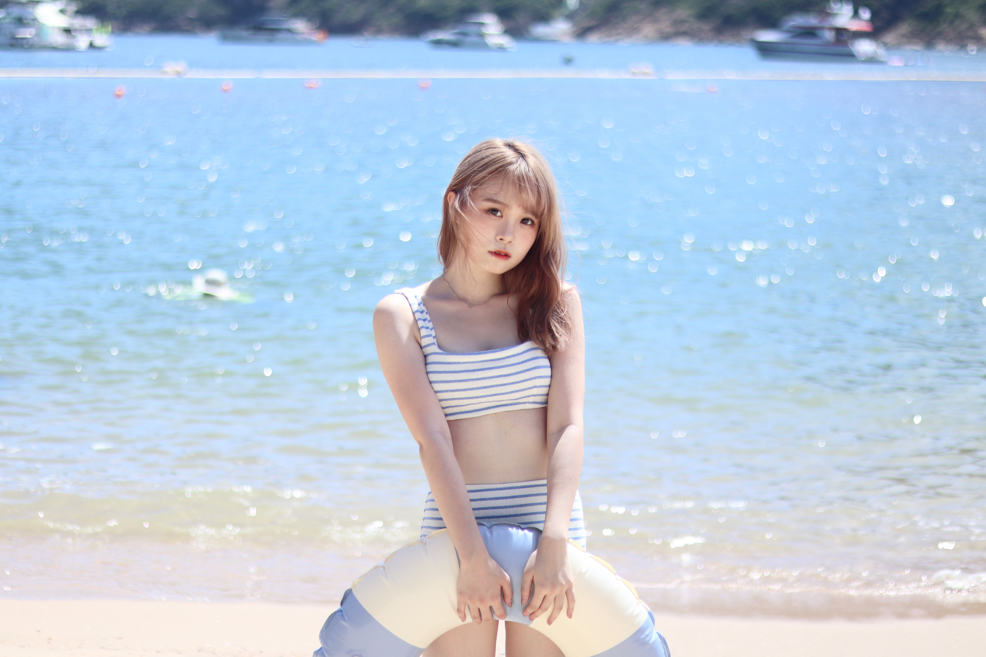 韓系溫柔間條兩件套泳衣