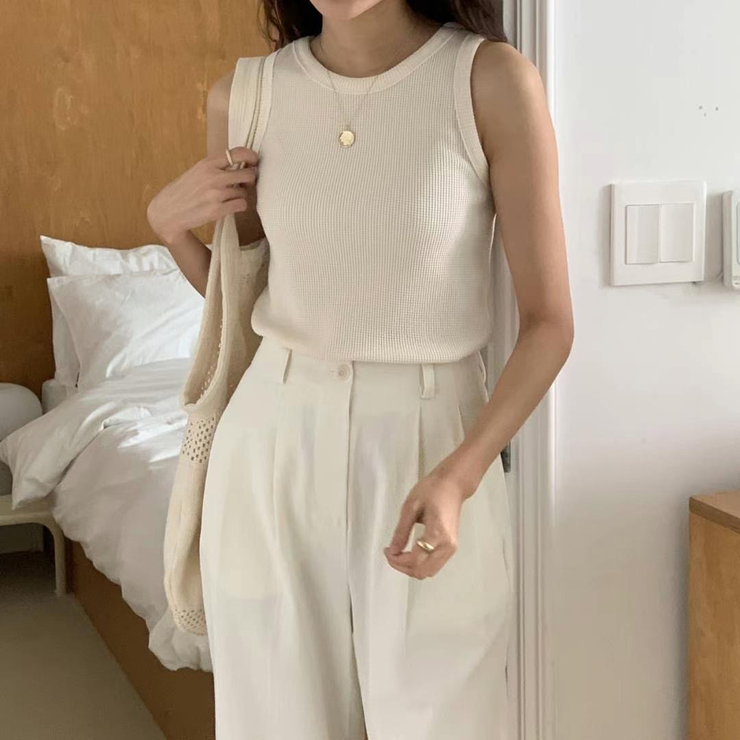 韓系有彈性圓領窩夫背心