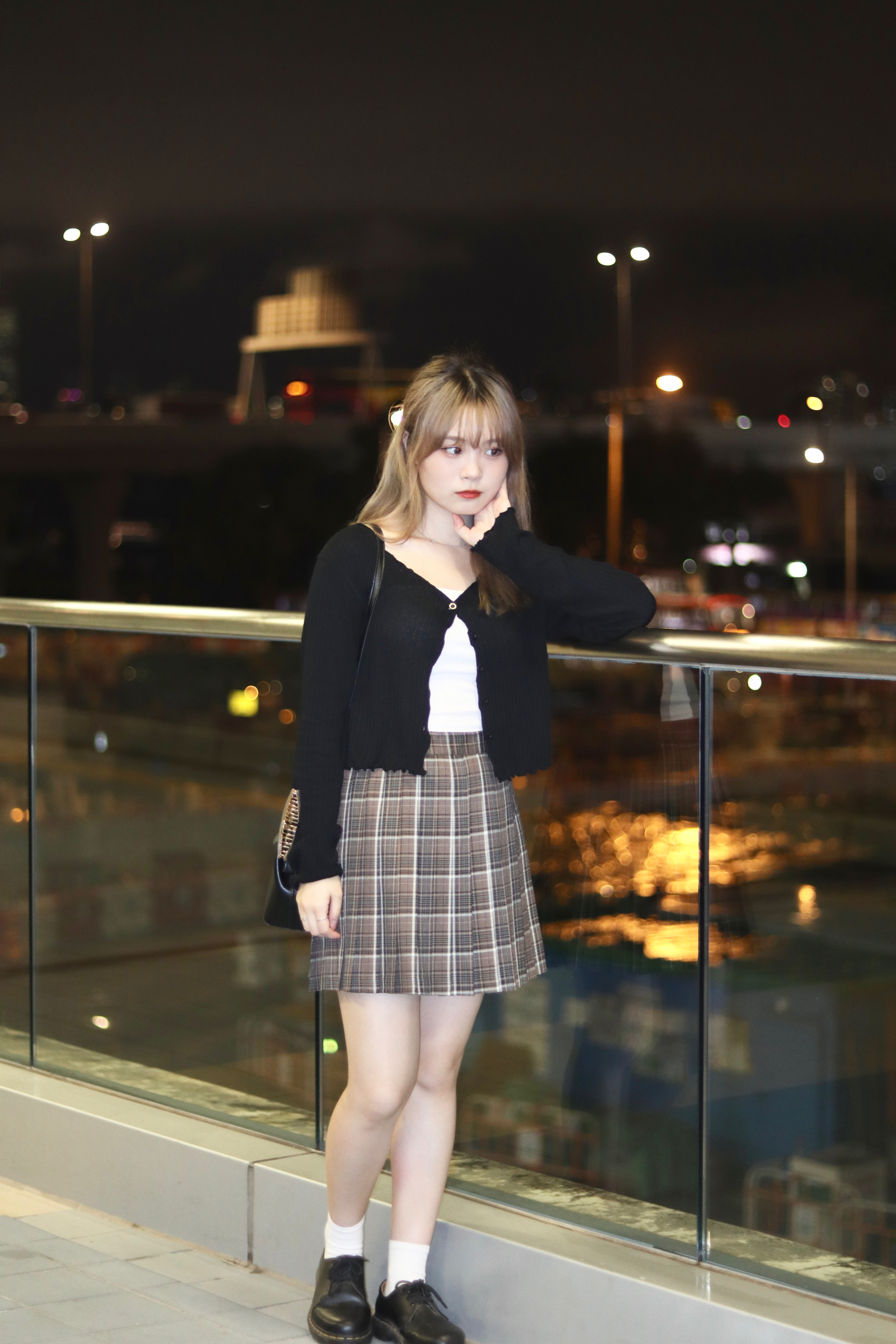 韓系學院風秋冬拼色半橡筋腰格紋百摺短裙 兩色入