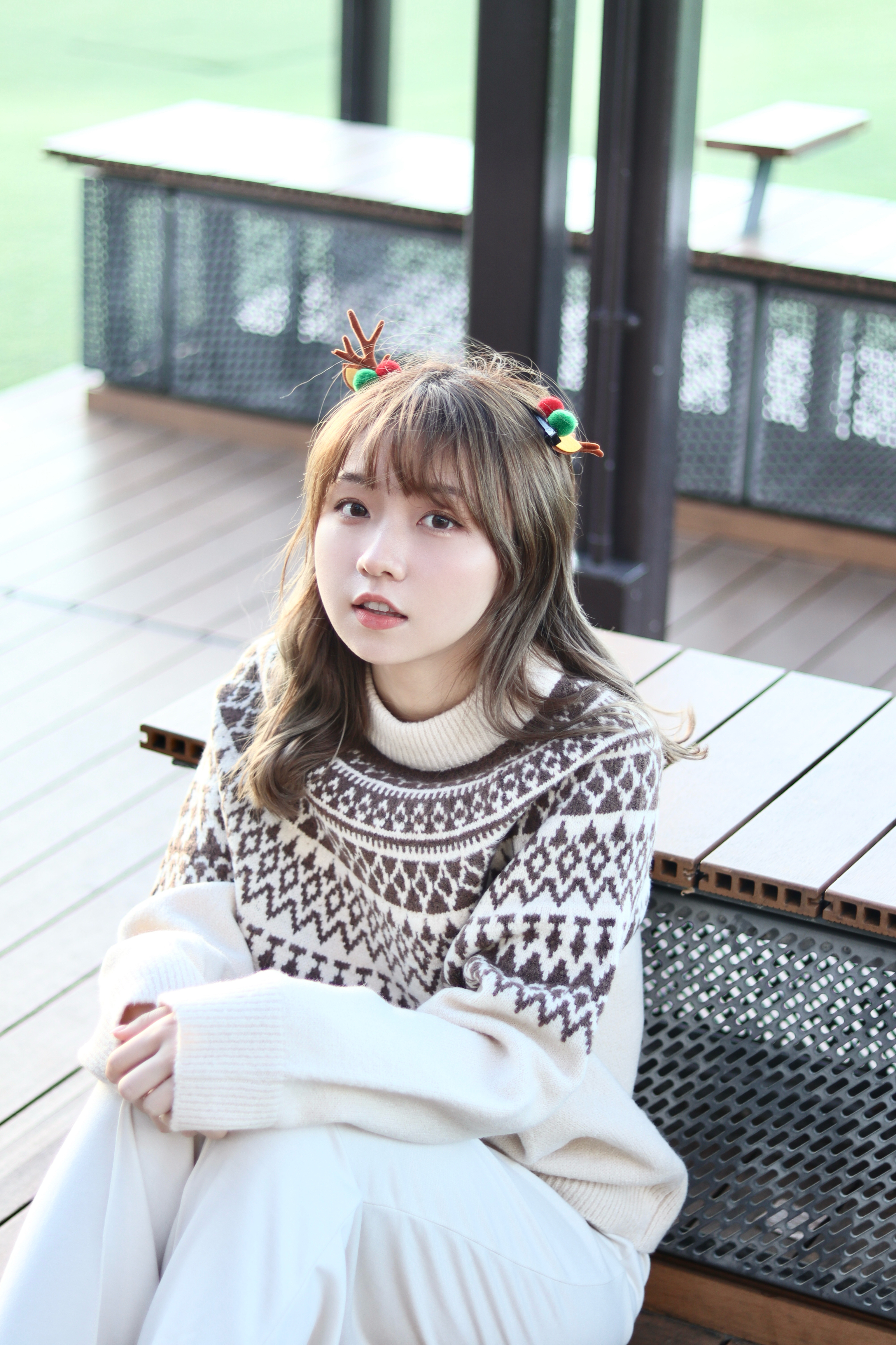 親膚柔軟雪花聖誕鹿Pattern圓領針織上衣