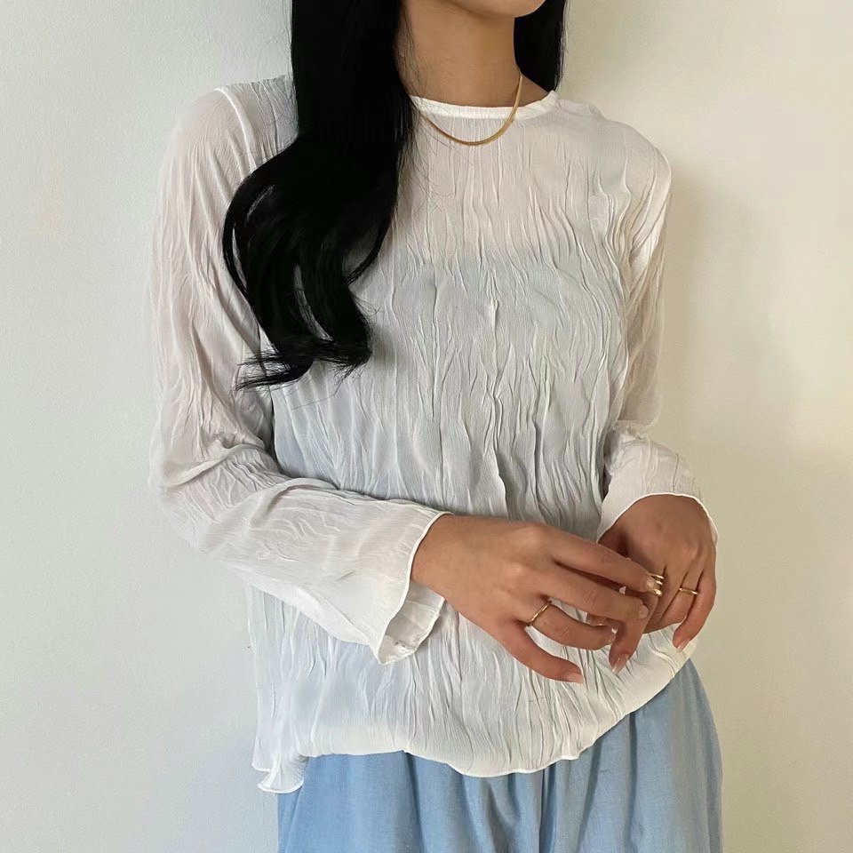 店主自留款 圓領微透膚皺皺波浪上衣