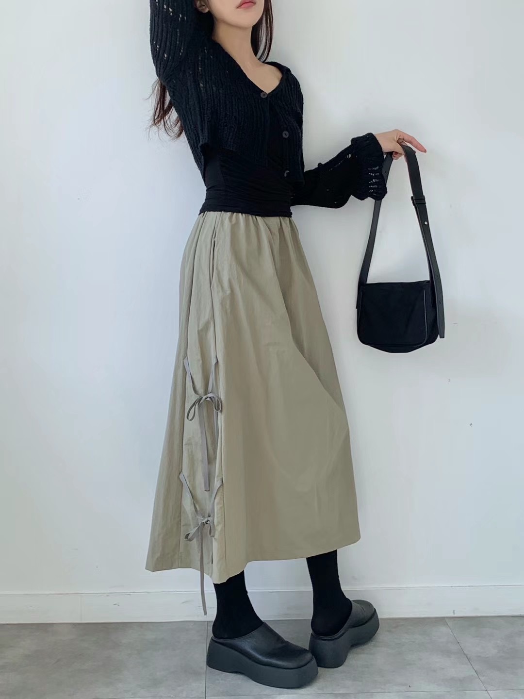 全橡筋腰側身ribbon設計中長裙 3色入