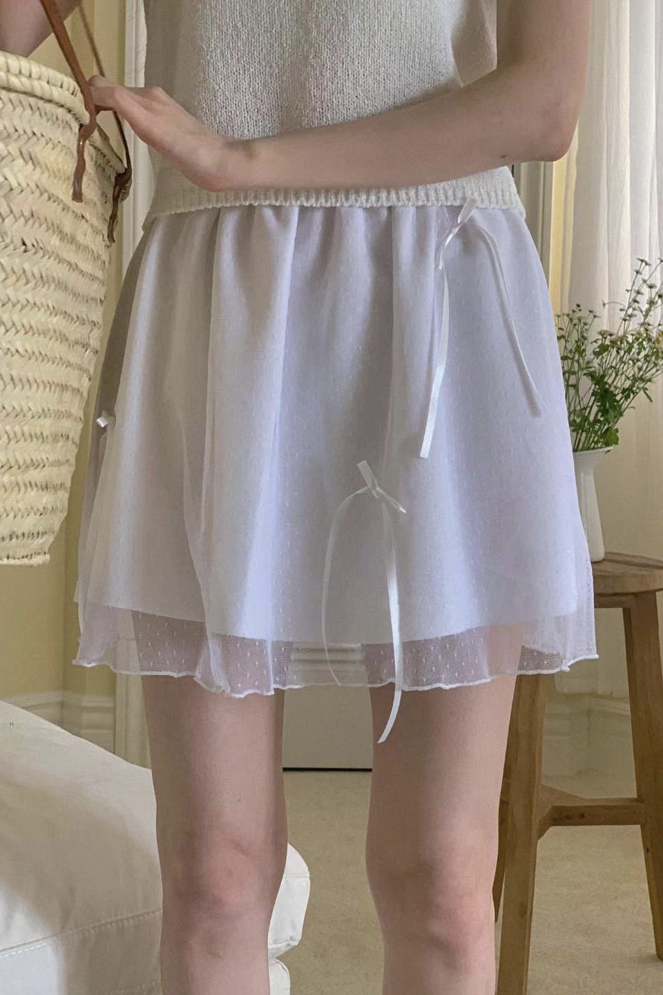 全橡筋腰圍 仙氣蝴蝶絲帶點點網紗半截裙