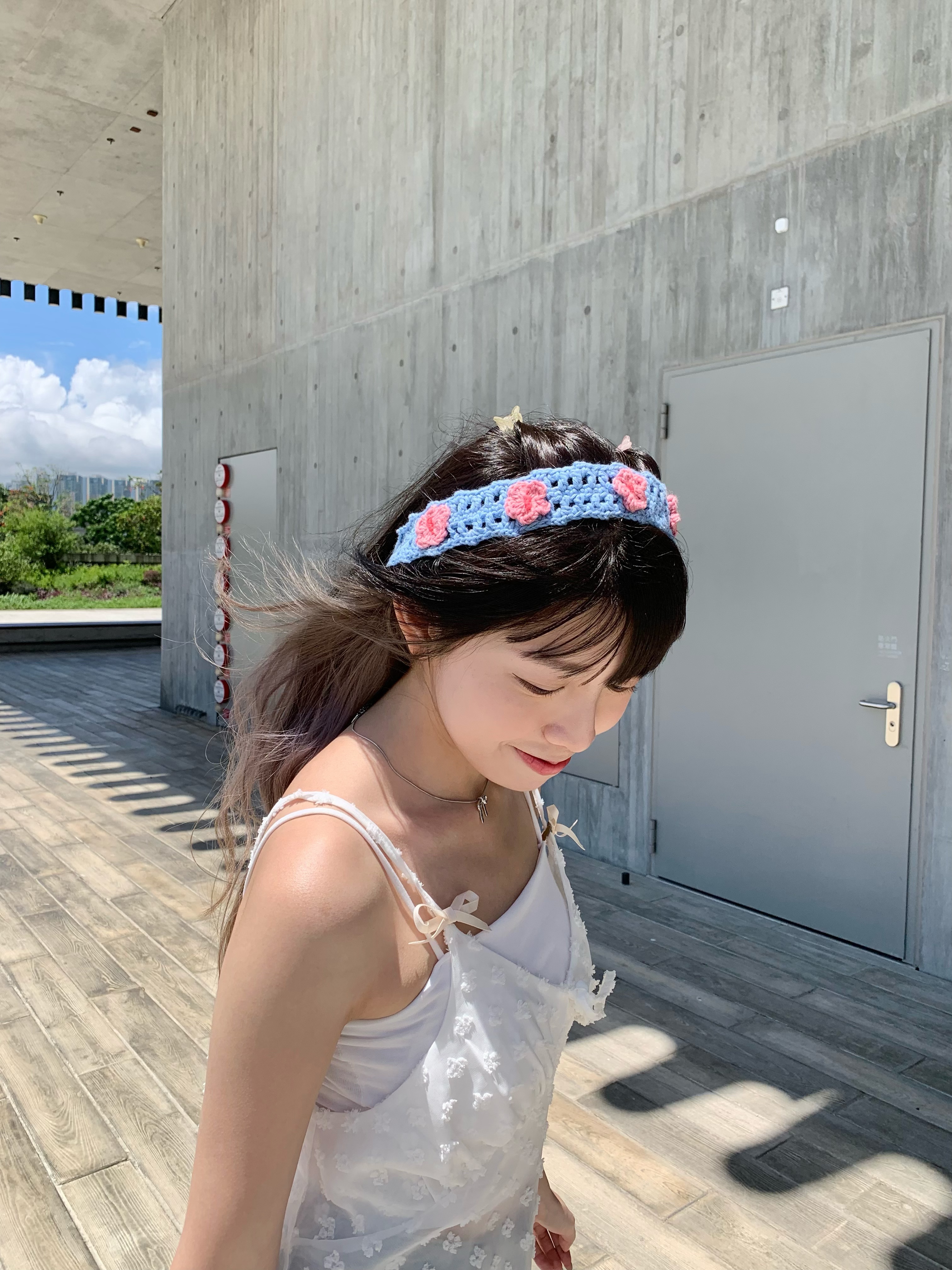 泰國人手製造 淺藍底粉紅花花梭織頭帶